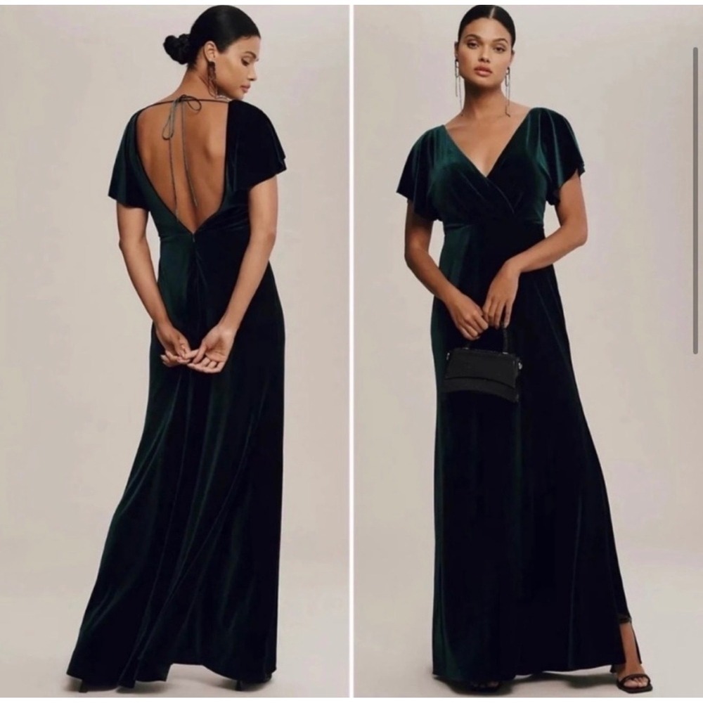 Anthropologie Jenny Yoo Ellis Gown Dark Green Velvet Flutter Sleeve Maxi Dress 4